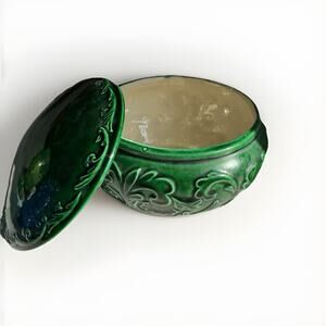 Vintage MCM Bohemia Green Ceramic Trinket Jewelry Box With Lid 5”